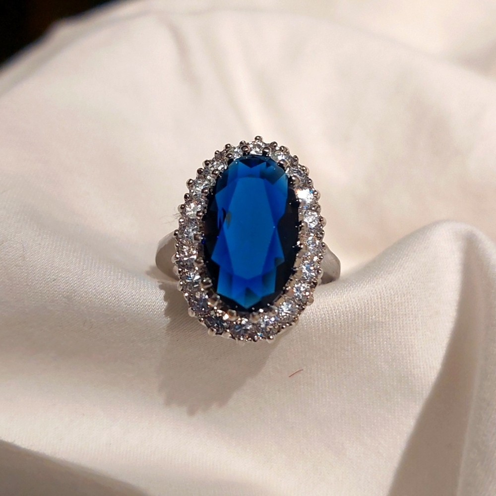 Womens Halo Ring with Faux Sapphire and CZ Diamonds